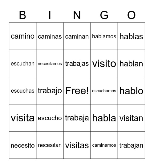forms of -ar verbs Bingo Card