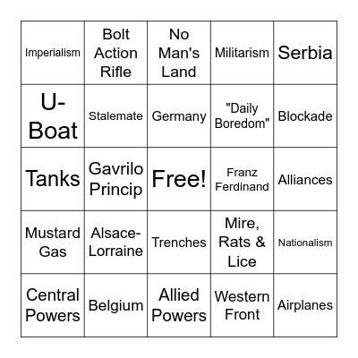 WWI: Start - US Entry Bingo Card