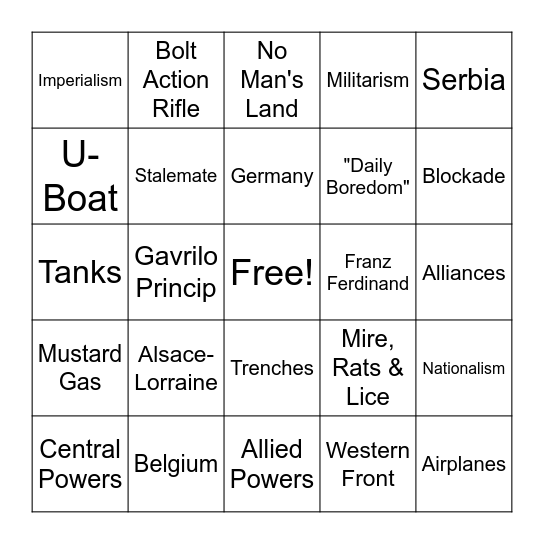 WWI: Start - US Entry Bingo Card