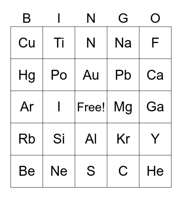 Periodic Table Bingo Card
