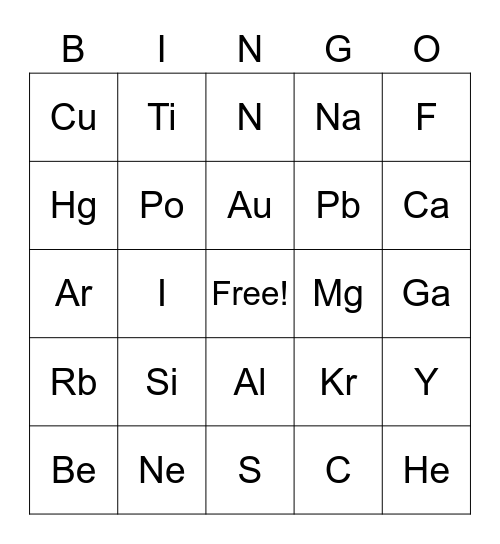 Periodic Table Bingo Card