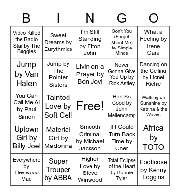 80's Music Bingo Card