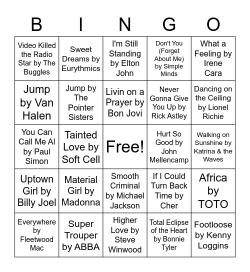80's Music Bingo Card