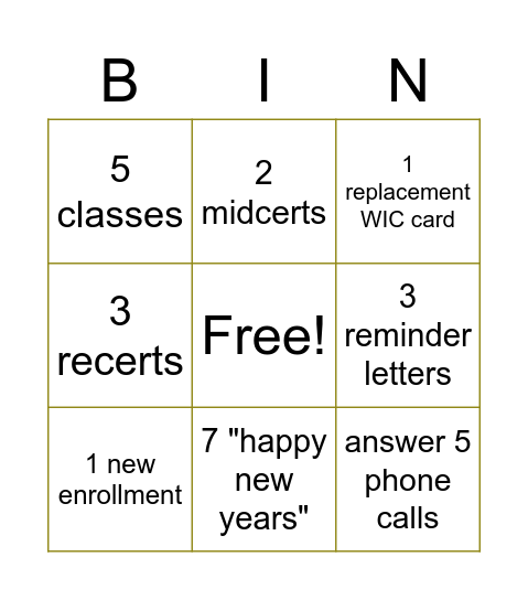 WIC Bingo Card