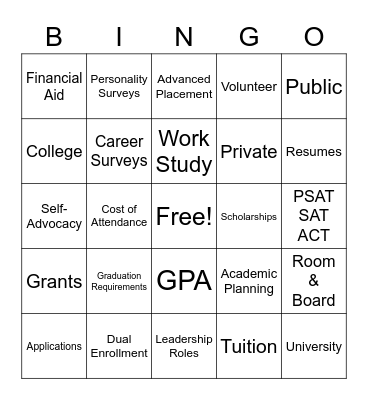 College & Career Bingo Card