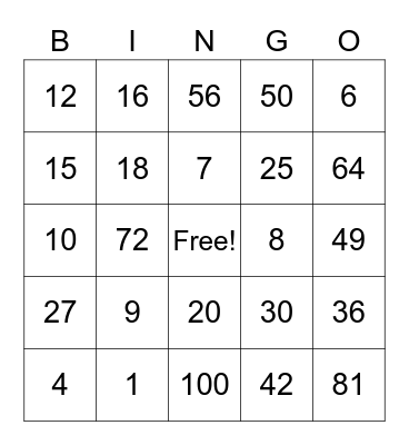 Multiplication Bingo Card
