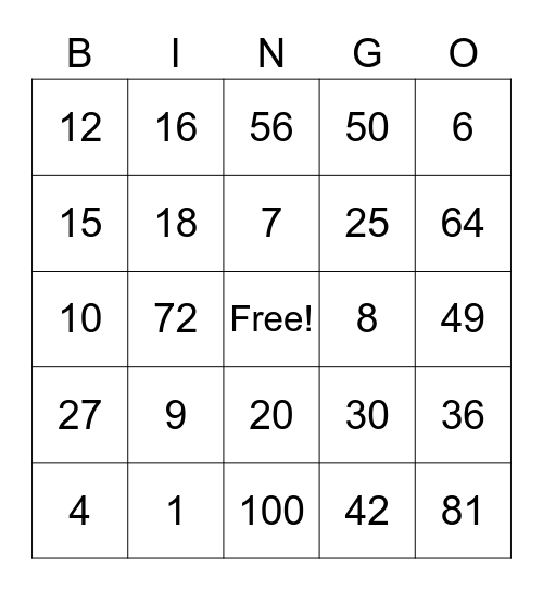 Multiplication Bingo Card