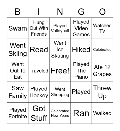 Winter Break Bingo Card