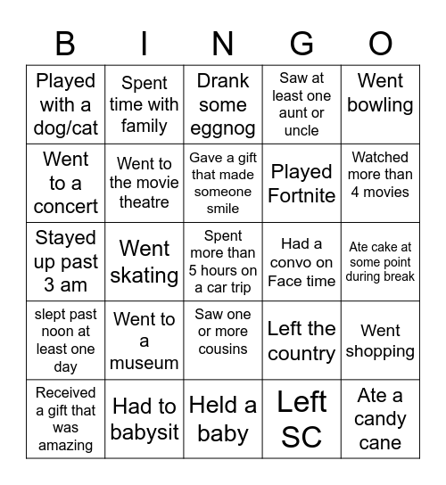 My Christmas Break Bingo Card