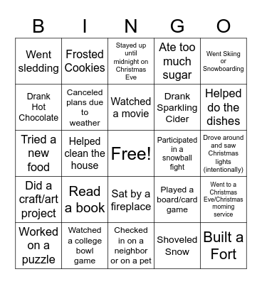 Christmas Break Bingo Card