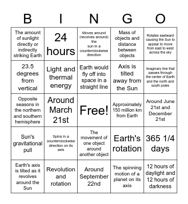 Earth and Sun Interactions Bingo Card