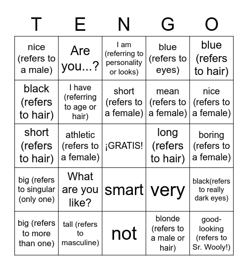 Los adjetivos y el más vocabulario Bingo Card