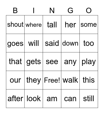 Sight Words Bingo Card