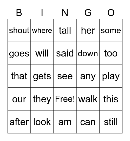 Sight Words Bingo Card
