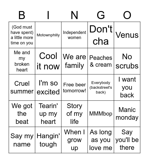 Girl Band Vs. Boy Band Bingo Card