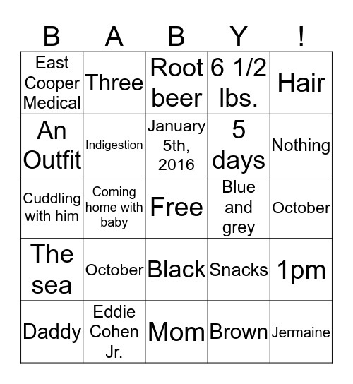 Meredith's Baby Shower BINGO Card