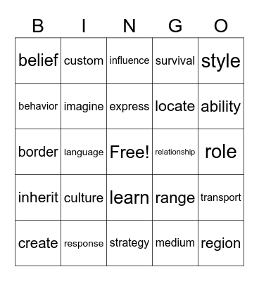 Vocabulary BINGO Card