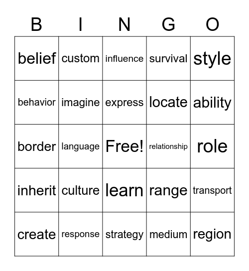 Vocabulary BINGO Card