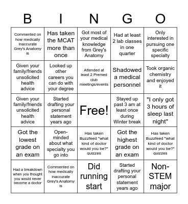 BINGO w/ Pre-Med Club Bingo Card