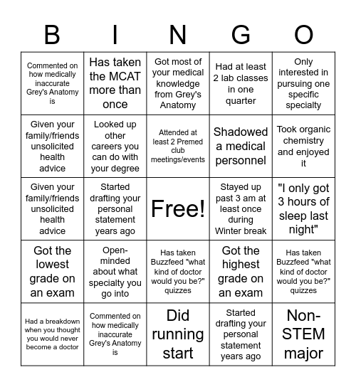 BINGO w/ Pre-Med Club Bingo Card