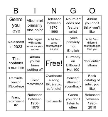 2023 Album Exploration Bingo Card