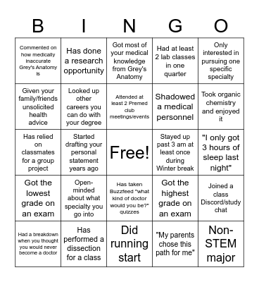 BINGO w/ Pre-Med Club Bingo Card