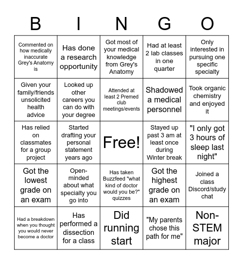 BINGO w/ Pre-Med Club Bingo Card