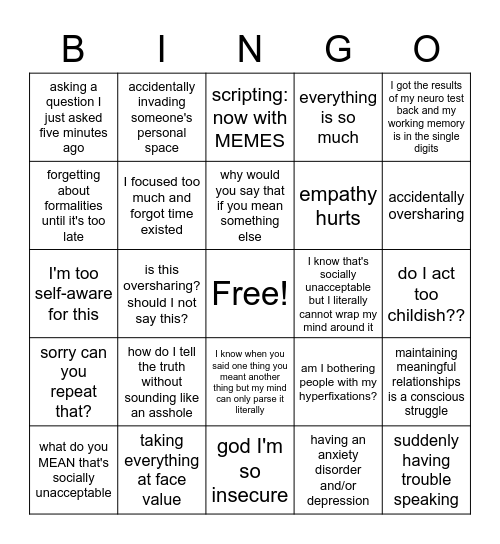 the social aspect of autism that nobody talks about BINGO Card