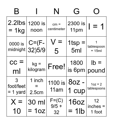 Medical Math Bingo Card
