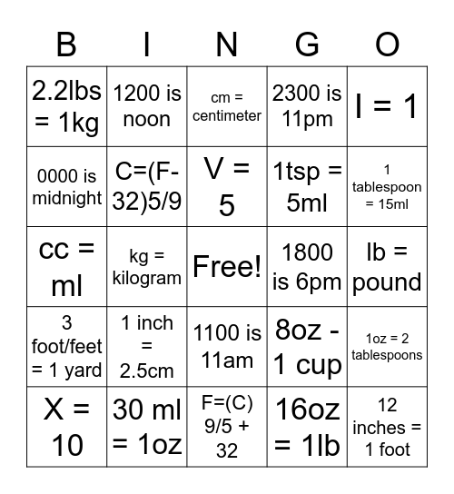 Medical Math Bingo Card