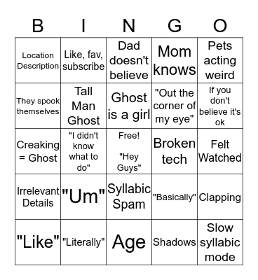 White Girl Ghost Story Bingo Card