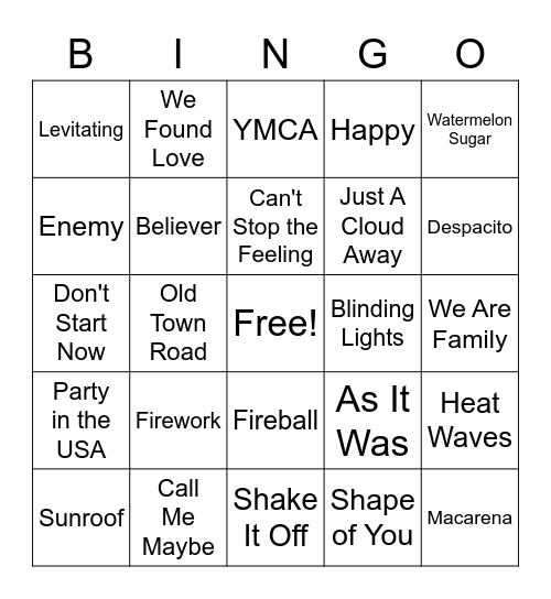 Dance Song BINGO!!! Bingo Card