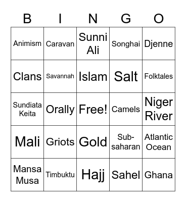 West Africa Bingo Card