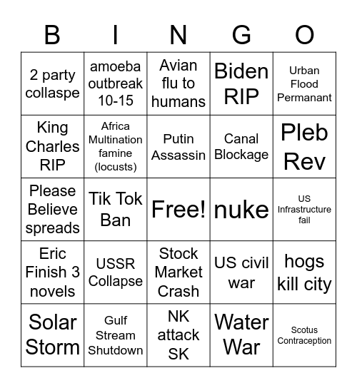 Claire's Predictions Bingo Card