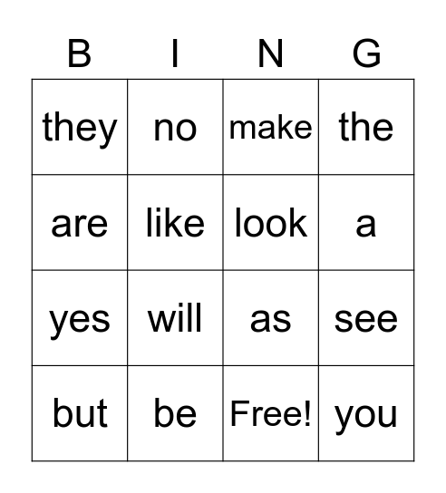 Sight Words Bingo Card