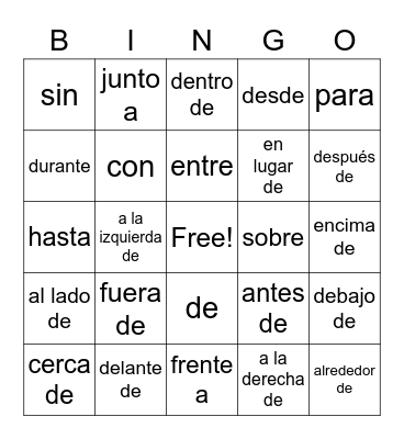 preposiciones Bingo Card