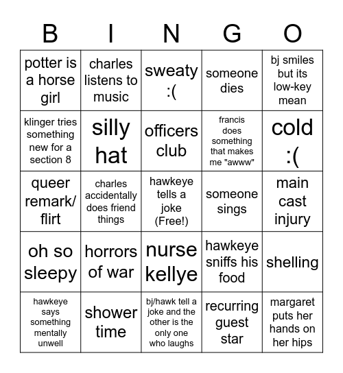 MASH Bingo Card