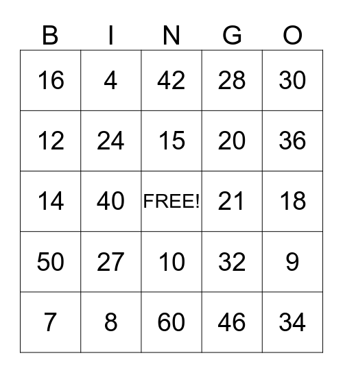 Multiplication Bingo Card
