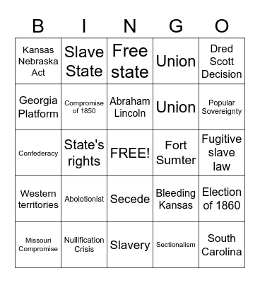 Causes of the Civil War Bingo Card