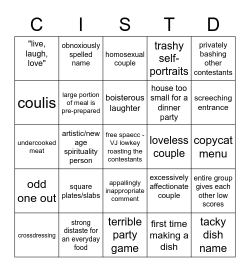 Couples Come Dine with Me ~Can I just ask you to Shut That Door~ Bingo Card
