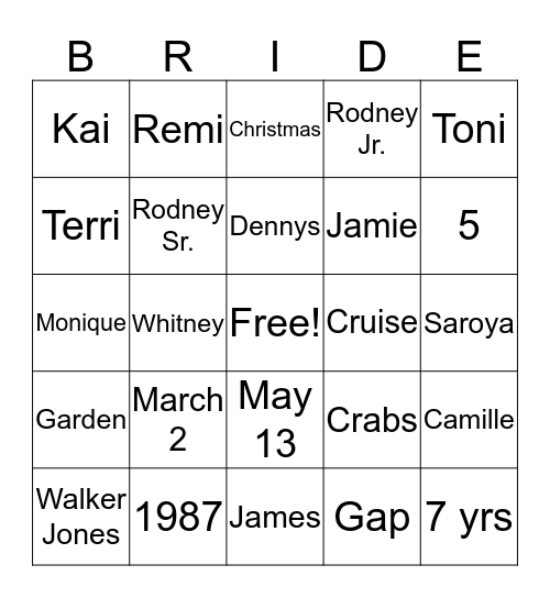 B R I D E Bingo Card