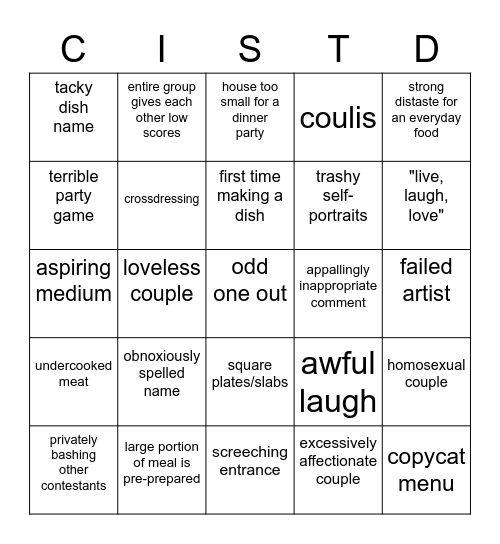 Untitled BCouples Come Dine with Me ~Can I just ask you to Shut That Door~ingo Bingo Card
