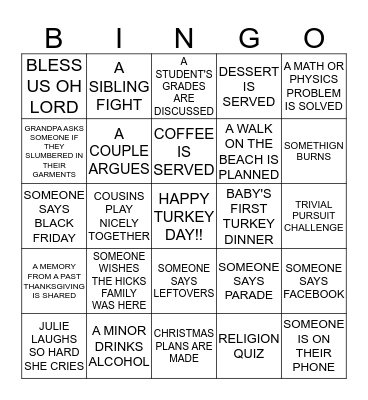 THANKSGIVING BINGO-MARTINOLICH EDITION Bingo Card