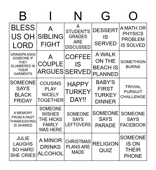 THANKSGIVING BINGO-MARTINOLICH EDITION Bingo Card