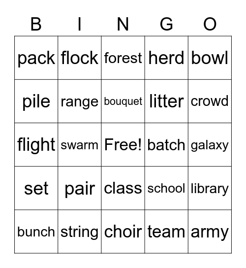 Collective Nouns Bingo Card