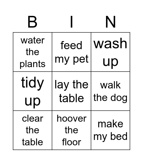 Household chores Bingo Card
