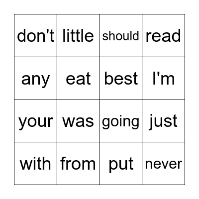 Snap Words Bingo Card