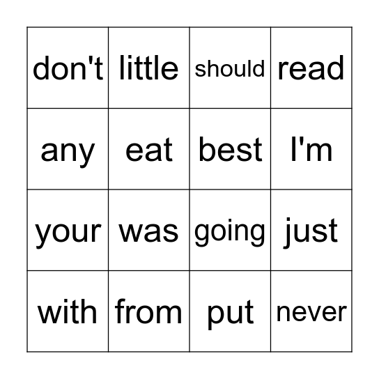 Snap Words Bingo Card
