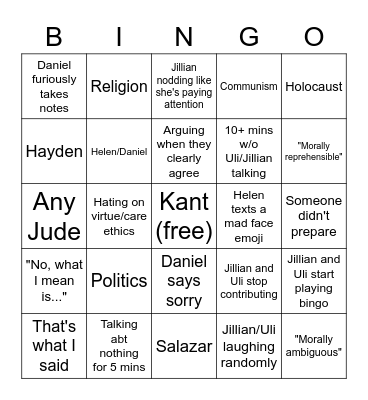 Ethics Bowl Bingo Card