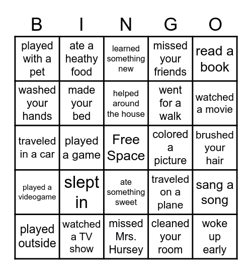 Winter Break Bingo Card